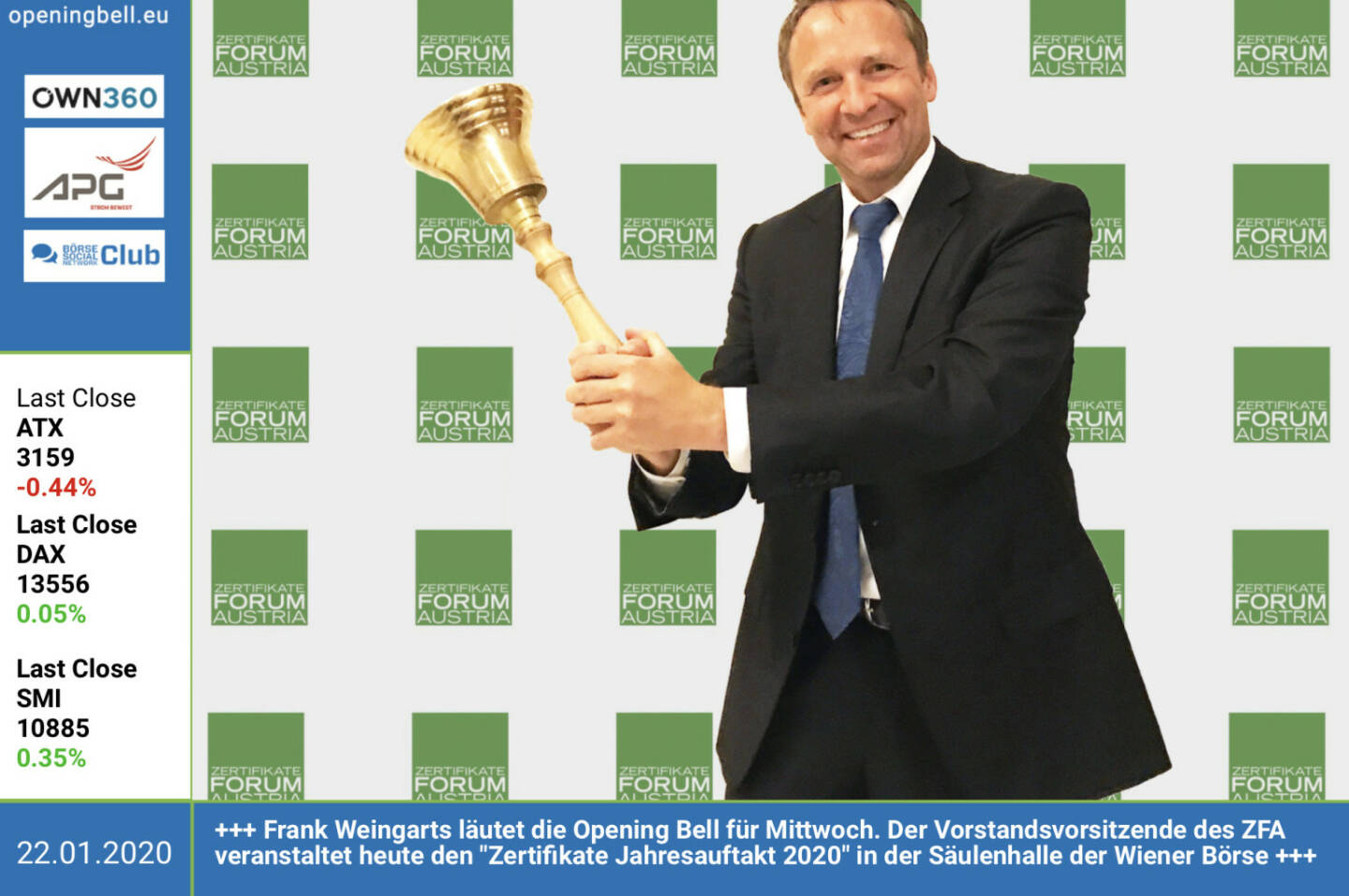 22.1.: Frank Weingarts läutet die Opening Bell für Mittwoch. Der Vorstandsvorsitzende des ZFA veranstaltet heute den Zertifikate Jahresauftakt 2020 in der Säulenhalle der Wiener Börse http://www.zertifikateforum.at 