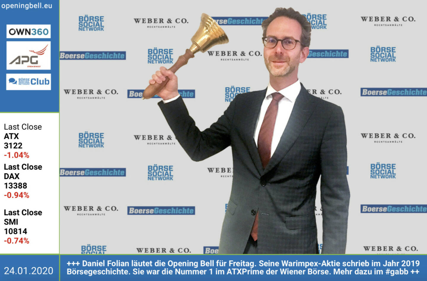 24.1.: Daniel Folian läutet die Opening Bell für Freitag. Seine Warimpex-Aktie schrieb im Jahr 2019 Börsegeschichte. Sie war die Nummer 1 im ATXPrime der Wiener Börse. Mehr dazu im #gabb http://www.warimpex.com http://www.boerse-social.com/gabb