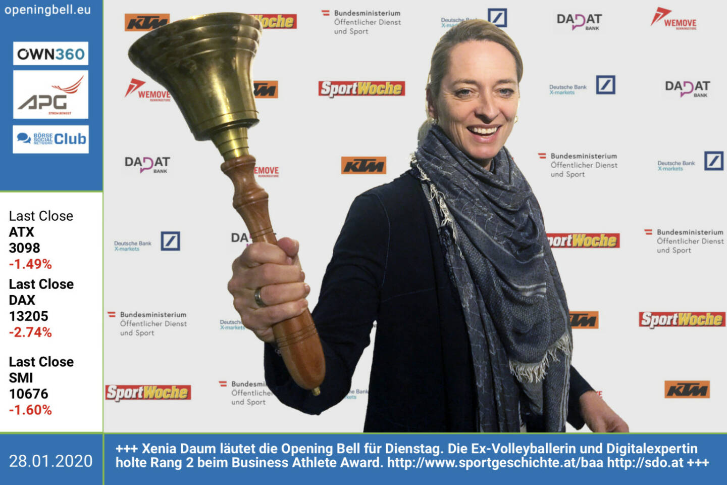 28.1.: Xenia Daum läutet die Opening Bell für Dienstag. Die Ex-Volleyballerin und Digitalexpertin holte Rang 2 beim Business Athlete Award. http://www.sportgeschichte.at/baa http://sdo.at https://photaq.com/page/index/3767 