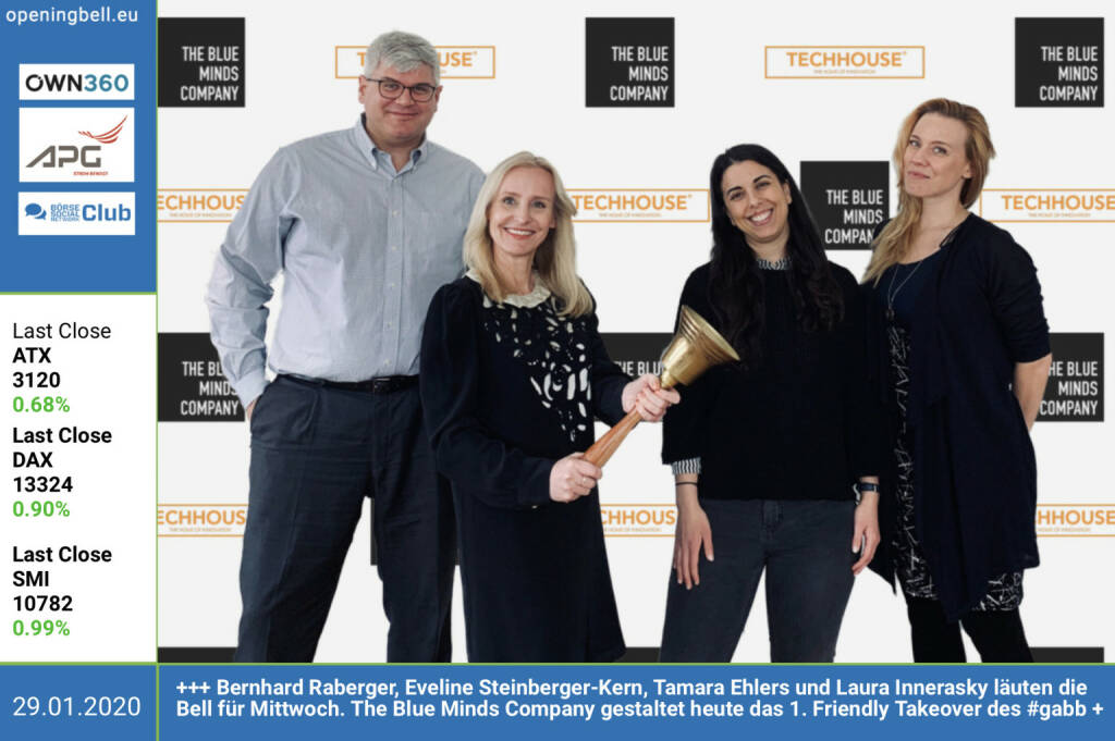 29.1.: Bernhard Raberger, Eveline Steinberger-Kern, Tamara Ehlers und Laura Innerasky läuten die Bell für Mittwoch. The Blue Minds Company gestaltet heute das 1. Friendly Takeover des #gabb  http://www.boerse-social.com/gabb http://www.https://www.blueminds-company.com https://www.build-and-invest.com https://www.tech-house.io (29.01.2020) 