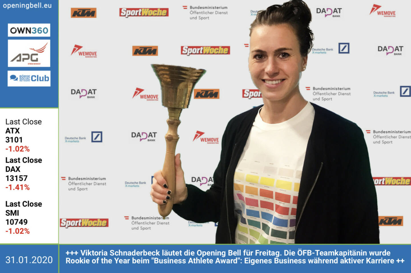 31.1.: Viktoria Schnaderbeck läutet die Opening Bell für Freitag. Die ÖFB-Teamkapitänin wurde beim Business Athlete Award zum Rookie of the Year gewählt: Eigenes Business während aktiver Karriere http://www.sportgeschichte.at/baa  https://photaq.com/page/index/3767