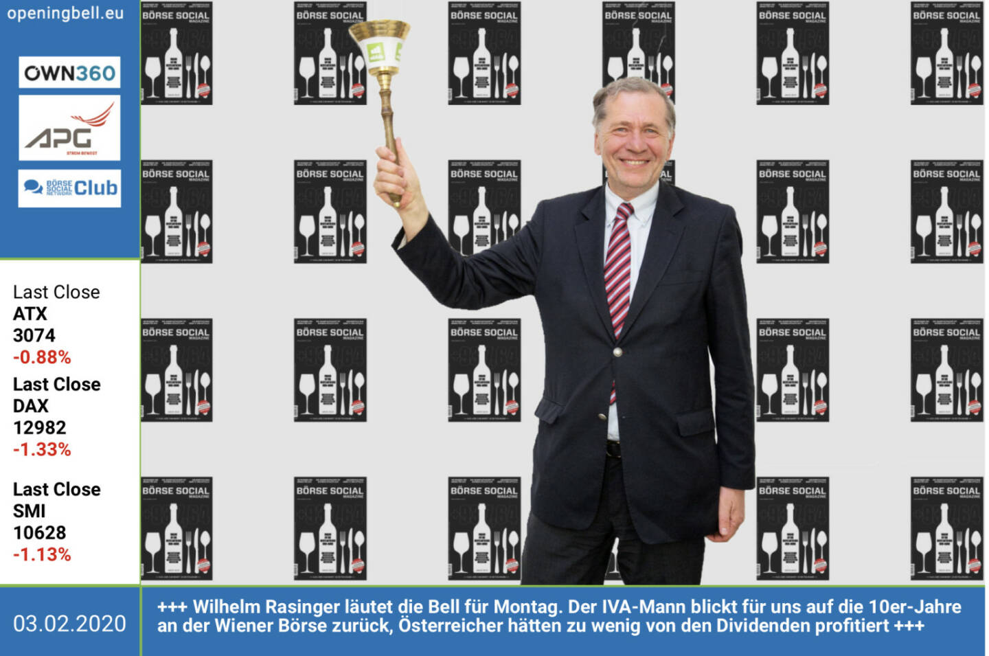 3.2.: Wilhelm Rasinger läutet die Opening Bell für Montag. Der IVA-Mann blickt für uns auf die 10er-Jahre an der Wiener Börse zurück, die österreichischen Anleger hätten zu wenig von den Dividenden profitiert. Mehr dazu heute Mittag im #gabb http://www.boerse-social.com/gabb 
