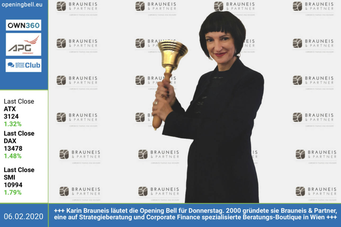 6.2.: Karin Brauneis läutet die Opening Bell für Donnerstag. 2000 gründete sie Brauneis & Partner, eine auf Strategieberatung und Corporate Finance spezialisierte Beratungs-Boutique  in Wien https://www.brauneis-partner.at 