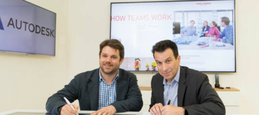 Autodesk und Strabag unterzeichnen Absichtserklärung für engere Zusammenarbeit, im Bild: Klemens Haselsteiner, Strabag-Digitalvorstand (links) und Andrew Anagnost, CEO von Autodesk. Quelle: Autodesk, © Aussendung (10.02.2020) 