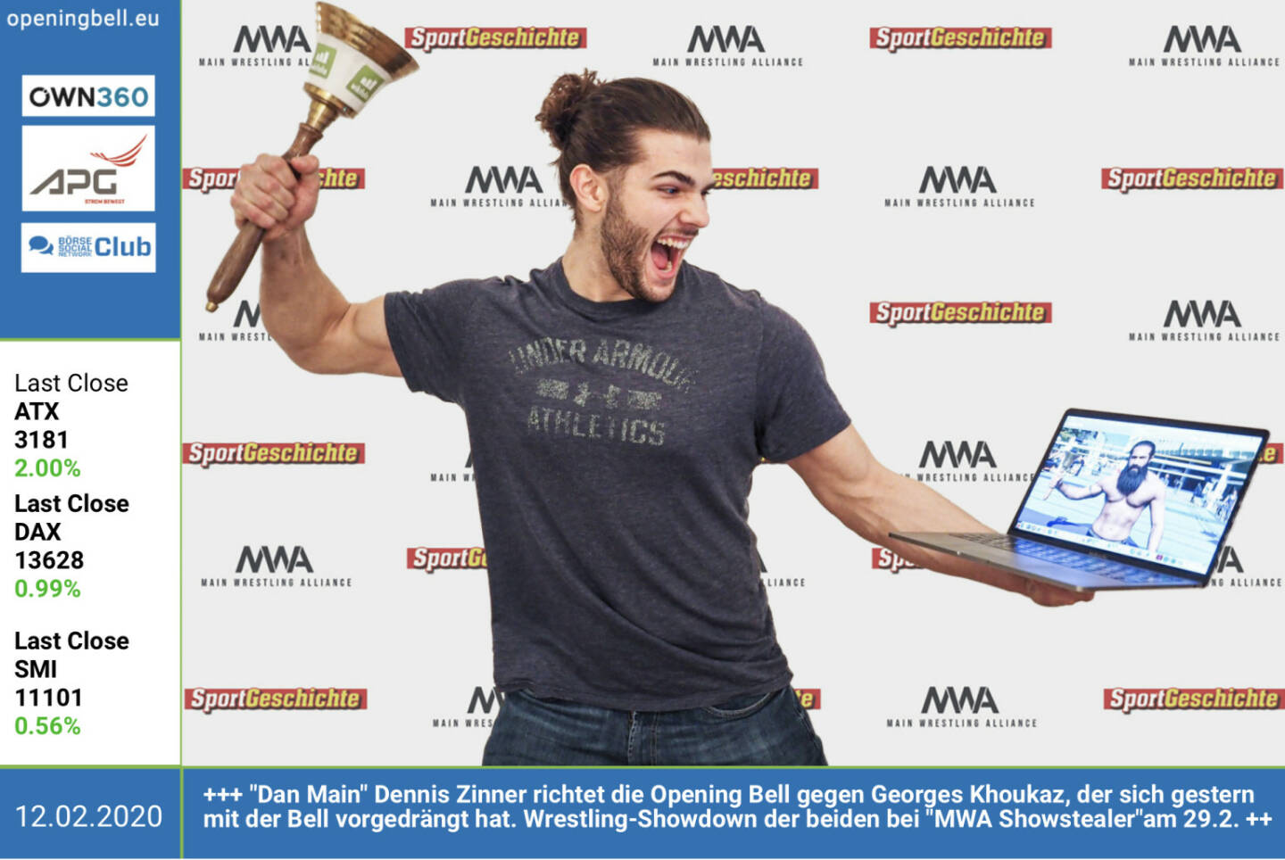 12.2.: Dan Main Dennis Zinner richtet die Opening Bell gegen Georges Khoukaz, der sich gestern mit der Bell vorgedrängt hat. Wrestling-Showdown der beiden bei MWA Showstealeram 29.2.  Tickets unter: https://www.oeticket.com/eventseries/mwa-main-wrestling-alliance-2619610/  http://www.youtube.com/c/danmainofficial 