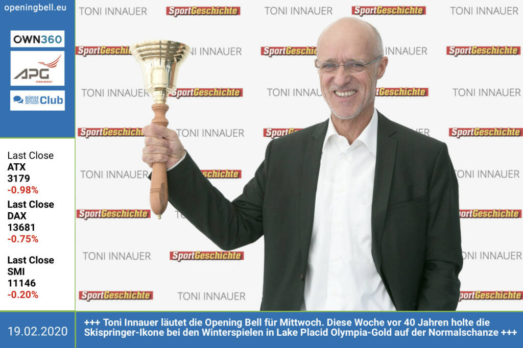 19.2.: Toni Innauer läutet die Opening Bell für Mittwoch. Diese Woche vor 40 Jahren holte die Skispringer-Ikone bei den Winterspielen in Lake Placid Olympia-Gold auf der Normalschanze http://www.toni-innauer.at http://www.sportgeschichte.at 
 (19.02.2020) 