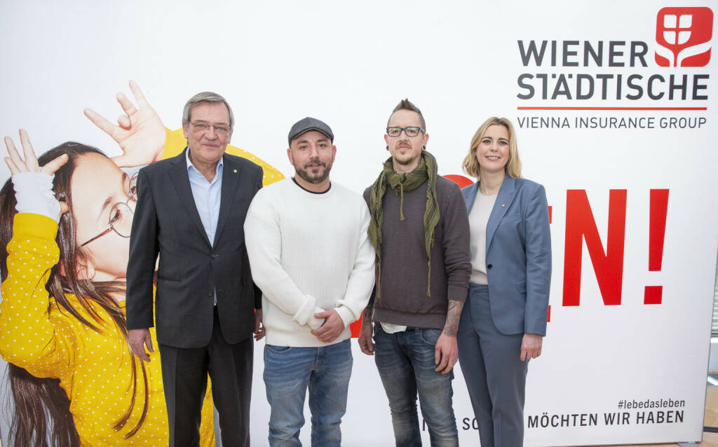 Die Wiener Städtische Versicherung präsentiert ihre neue österreichweite Imagekampagne. Seiler und Speer liefern mit der Hit-Single „Oft host a Pech“ den passenden Soundtrack. v.l.n.r.: Robert Lasshofer, Generaldirektor Wiener Städtische Versicherung, Christopher Seiler, Bernhard Speer und Sonja Steßl, Vorstandsdirektorin Wiener Städtische Versicherung; Credit: Wiener Städtische, © Aussender (26.02.2020) 