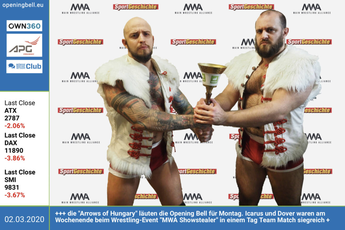2.3.: die Arrows of Hungary l&auml;uten die Opening Bell f&uuml;r Montag. Icarus und Dover waren am Wochenende beim Wrestling-Event MWA Showstealer in einem Tag Team Match siegreich https://www.youtube.com/channel/UCXbENoGHGc3ojYcgkUhig0A http://www.youtube.com/c/danmainofficial 