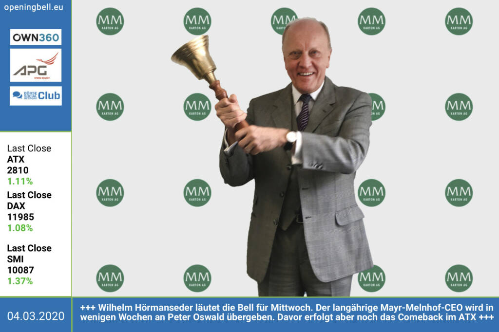 4.3.: Wilhelm Hörmanseder läutet die Opening Bell für Mittwoch. Der langährige Mayr-Melnhof-CEO wird in wenigen Wochen an Peter Oswald übergeben. Davor erfolgt aber noch das Comeback der Mayr-Melnhof-Aktie im ATX  (04.03.2020) 