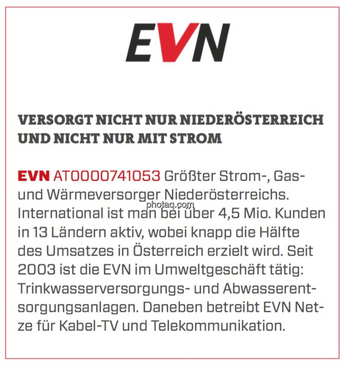 EVN - Versorgt nicht nur Niederösterreich und nicht nur mit Strom: Größter Strom-, Gas- und Wärmeversorger Niederösterreichs. International ist man bei über 4,5 Mio. Kunden in 13 Ländern aktiv, wobei knapp die Hälfte des Umsatzes in Österreich erzielt wird. Seit 2003 ist die EVN im Umweltgeschäft tätig: Trinkwasserversorgungs- und Abwasserentsorgungsanlagen. Daneben betreibt EVN Netze für Kabel-TV und Telekommunikation.