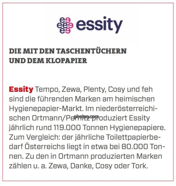 Essity - Die mit den Taschentüchern und dem Klopapier: Tempo, Zewa, Plenty, Cosy und feh sind die führenden Marken am heimischen Hygienepapier-Markt. Im niederösterreichischen Ortmann/Pernitz produziert Essity jährlich rund 119.000 Tonnen Hygienepapiere. Zum Vergleich: der jährliche Toilettpapierbedarf Österreichs liegt in etwa bei 80.000 Tonnen. Zu den in Ortmann produzierten Marken zählen u. a. Zewa, Danke, Cosy oder Tork.  (24.03.2020) 