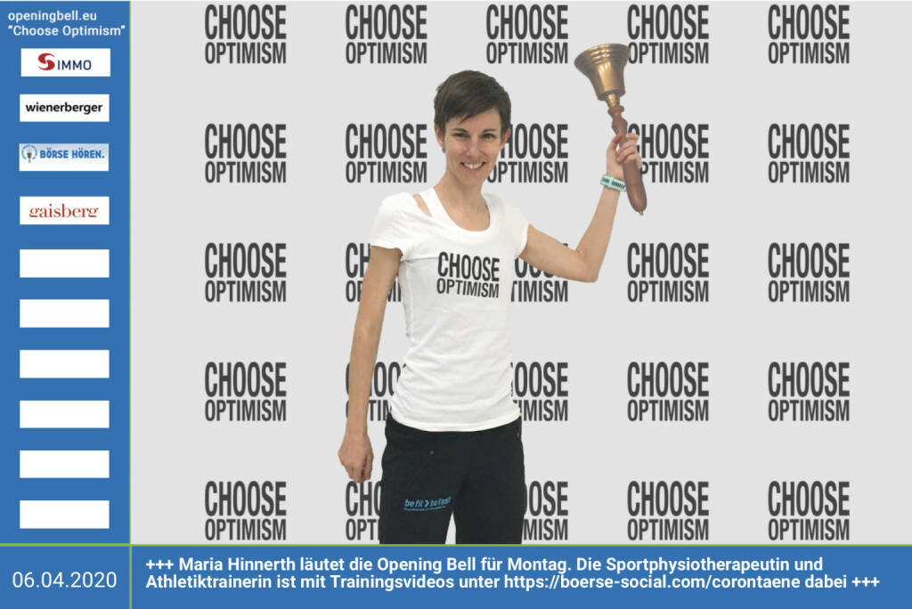 6.4.: Maria Hinnerth läutet die Opening Bell für Montag, Long Distance Variante (vorher/nachher unter https://photaq.com//page/index/3781 ). Die Sportphysiotherapeutin und Athletiktrainerin ist mit Trainingsvideos unter https://boerse-social.com/corontaene dabei https://befit-befast.at +++ (06.04.2020) 