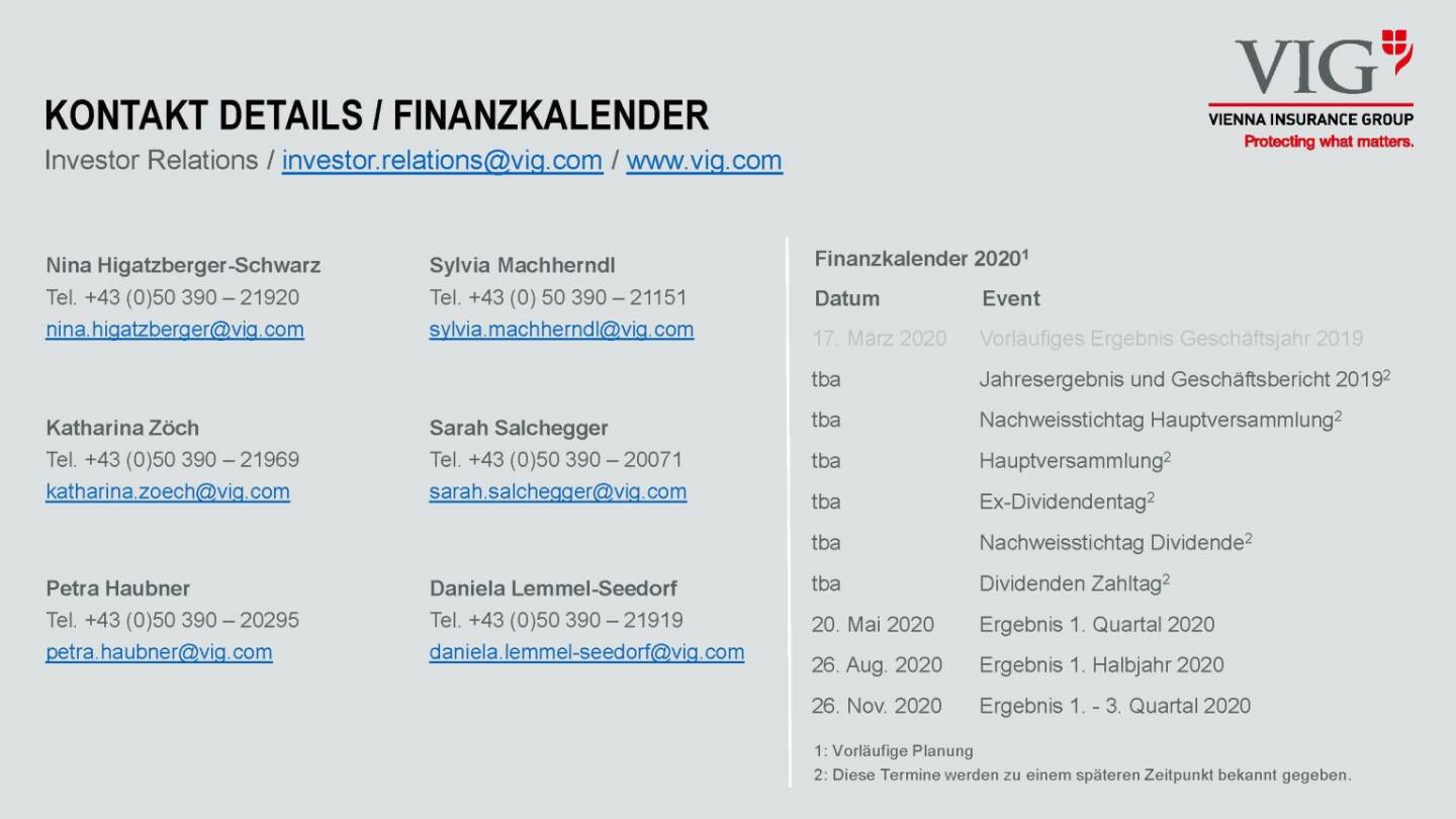 Vienna Insurance Group - Kontakt/Finanzkalender