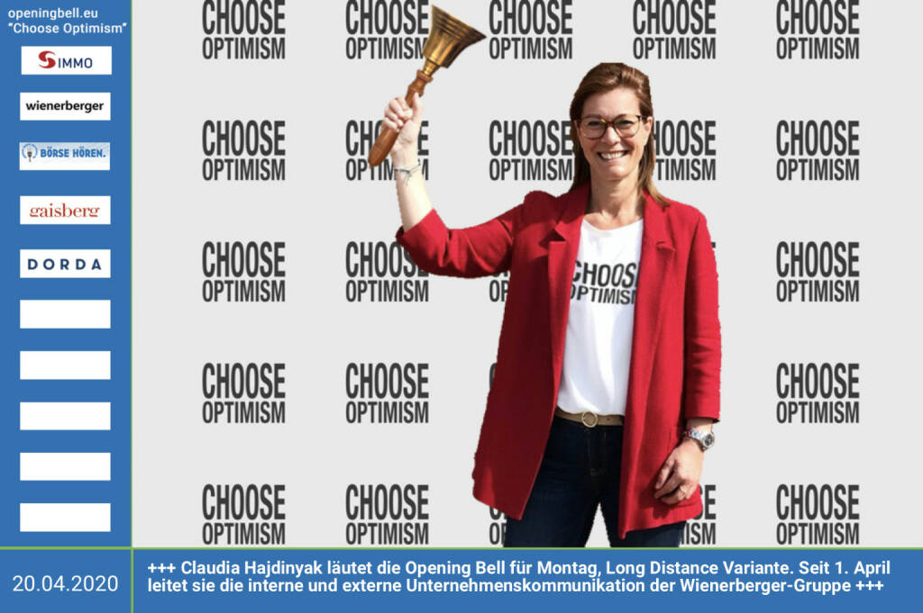 20.4.: Claudia Hajdinyak läutet die Opening Bell für Montag, Long Distance Variante (vorher/nachher unter https://photaq.com//page/index/3781). Seit 1. April leitet sie die interne und externe Unternehmenskommunikation der Wienerberger-Gruppe http://www.wienerberger.com mehr Infos unter http://www.openingbell.eu  mehr Choose Optimism: https://boerse-social.com/category/choose_optimism  https://www.facebook.com/chooseoptimism/   (20.04.2020)