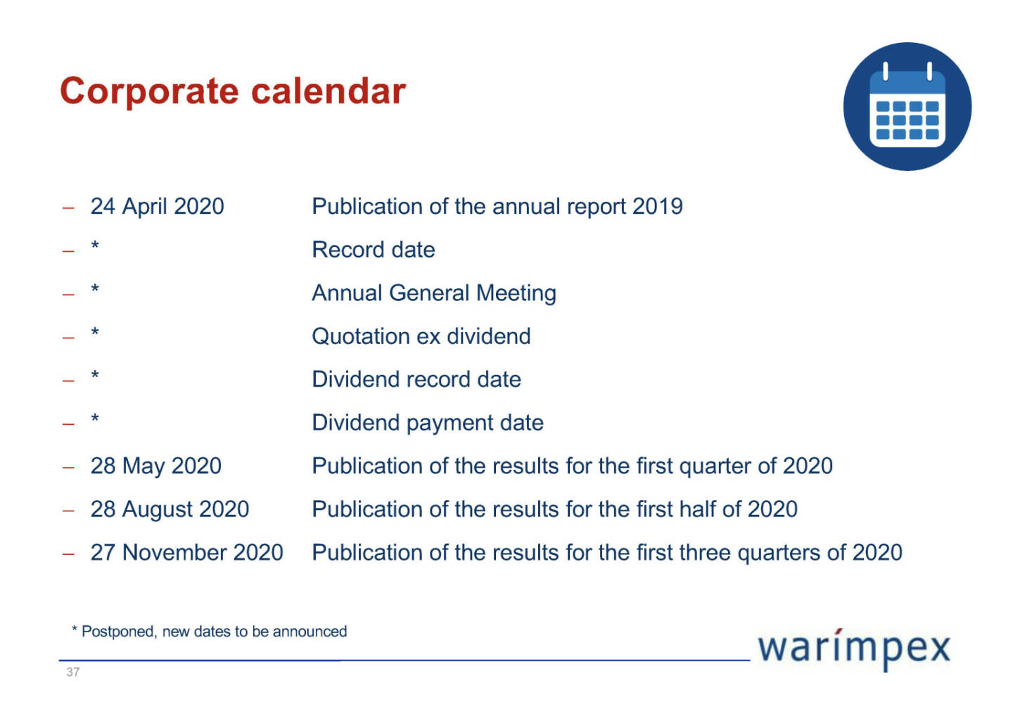 Warimpex - Corporate calendar