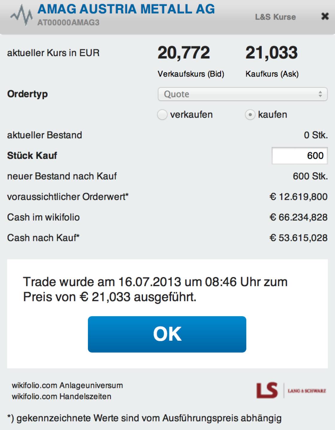 1. Trade für https://www.wikifolio.com/de/DRASTIL1-Stockpicking-sterreich : 600 Amag zu 21,033 Euro (c) wikifolio