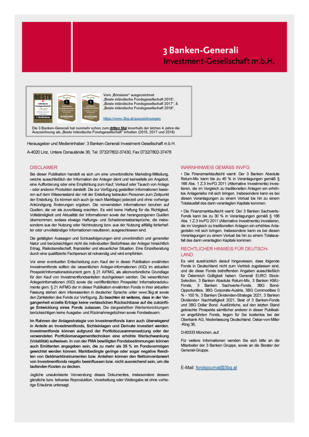 3 Banken-Generali Fonds Journal 05/2020 - Impressum/Disclaimer