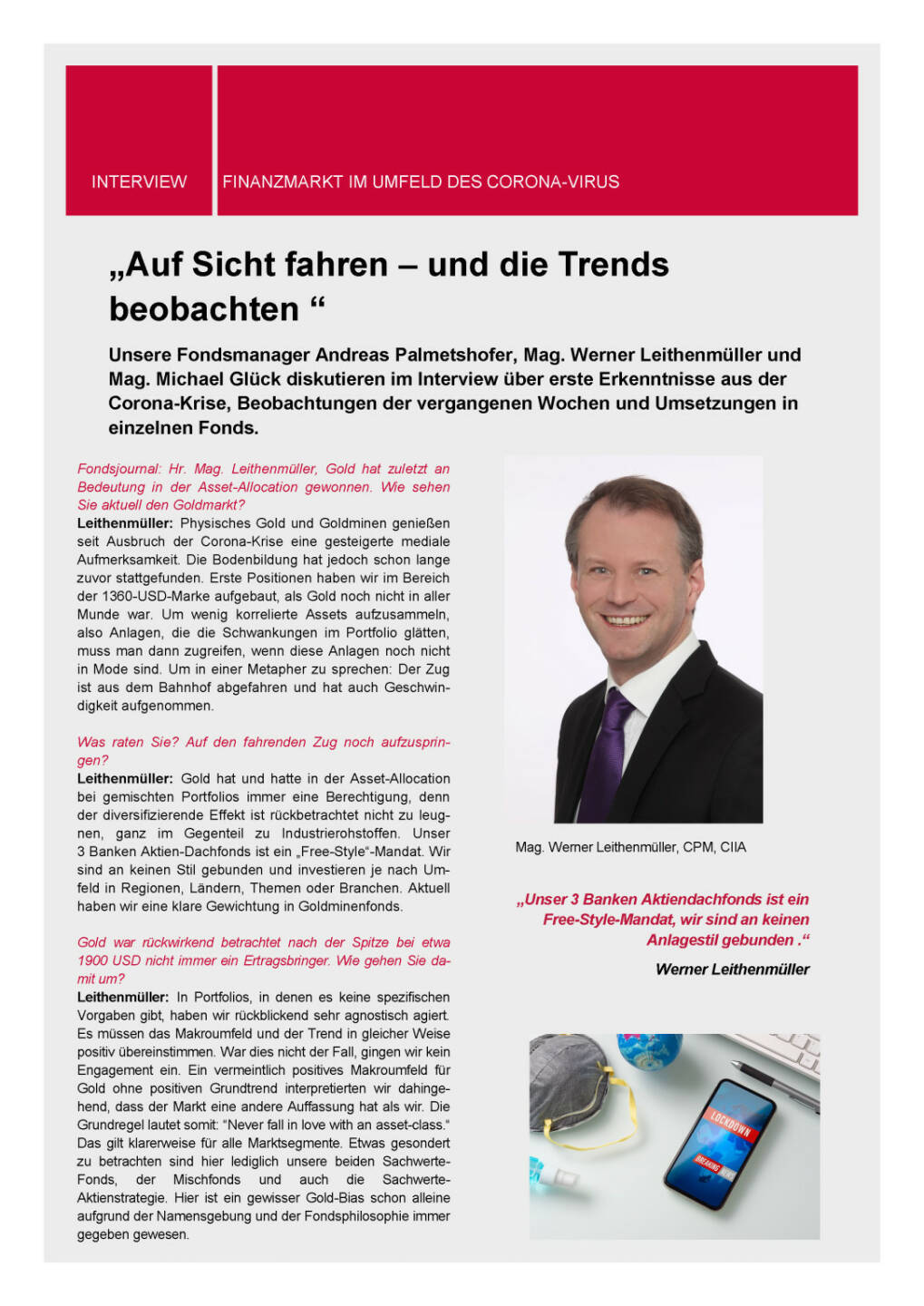 3 Banken-Generali Fonds Journal 06/2020 - „Auf Sicht fahren – und die Trends beobachten“  Interview Werner Leithenmüller