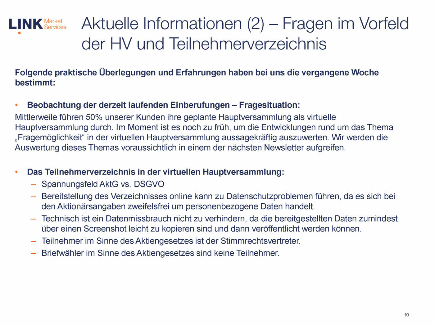 Link Market Services - Fragen im Vorfeld der HV und Teilnehmerverzeichnis