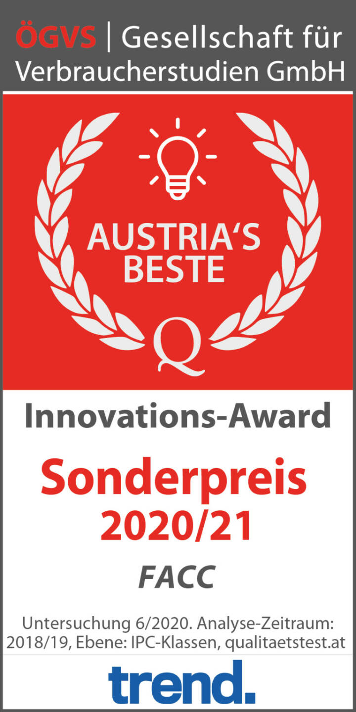 Innovations-Award ÖGVS/trend: Das Wirtschaftsmagazin trend und die Gesellschaft für Verbraucherstudien (ÖGVS) zeichneten FACC als Sonderpreisträger des Innovations-Awards 2020/2021 aus. Fotorechte: © ÖGVS/trend