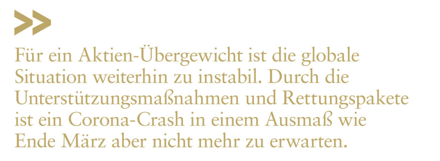 Für ein Aktien-Übergewicht ist die globale Situation weiterhin zu instabil. Durch die Unterstützungsmaßnahmen und Rettungspakete ist ein Corona-Crash in einem Ausmaß wie Ende März aber nicht mehr zu erwarten.
Stefan Neubauer 