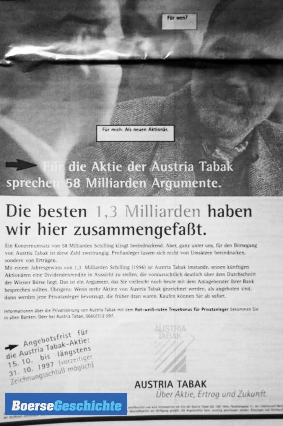 #boersegeschichte: Austria Tabak Anzeige zum IPO im Oktober 1997:  Die Austria Tabak war eine Cash Cow. Das einzige, was sie vorher falsch gemacht hatte, war die Diversifizierung in Form der Übernahme der HTM. Man wollte sich als Tabakunternehmen Gesundheitsanstrich geben, ist aber schiefgegangen. Die Aktie war so etwas wie eine Volksaktie.