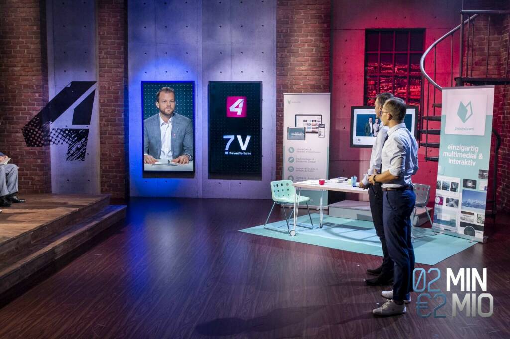 Eine Million Euro TV-Mediavolumen auf den Sendern der ProSiebenSat.1 PULS 4 Gruppe für acht Prozent Firmenanteile – so lautete der Deal, den presono in der 7. Staffel der PULS 4 Start-up Show „2 Minuten 2 Millionen“ im Februar mit Daniel Zech von SevenVentures abschließen konnte. Im Nachgang zur Sendung einigten sich Jungunternehmer und Investor auf einen noch größeren Deal. ; Fotocredit:PULS 4/Gerry Frank (05.08.2020) 