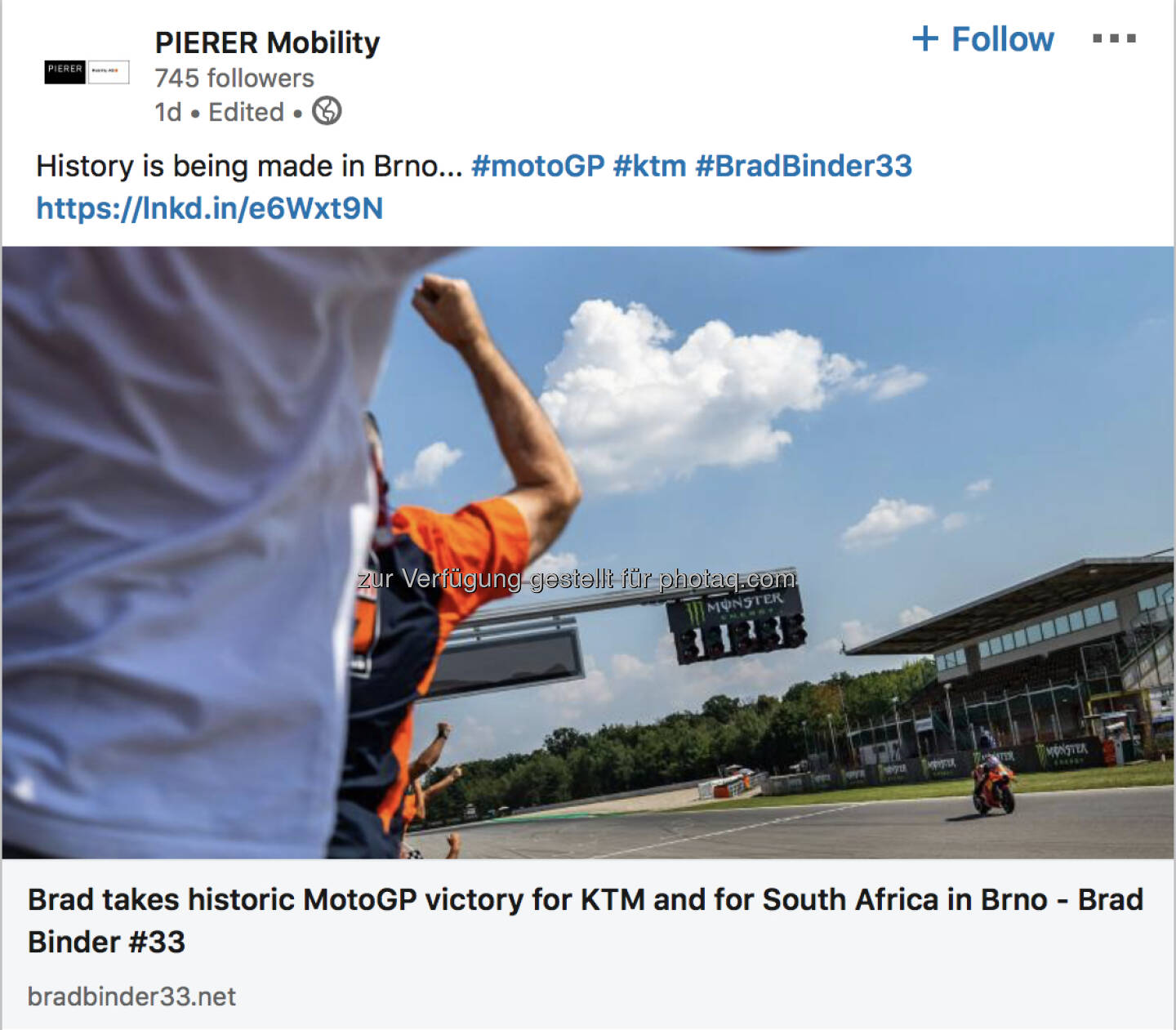 Pierer Mobility freut sich über Brad Binder