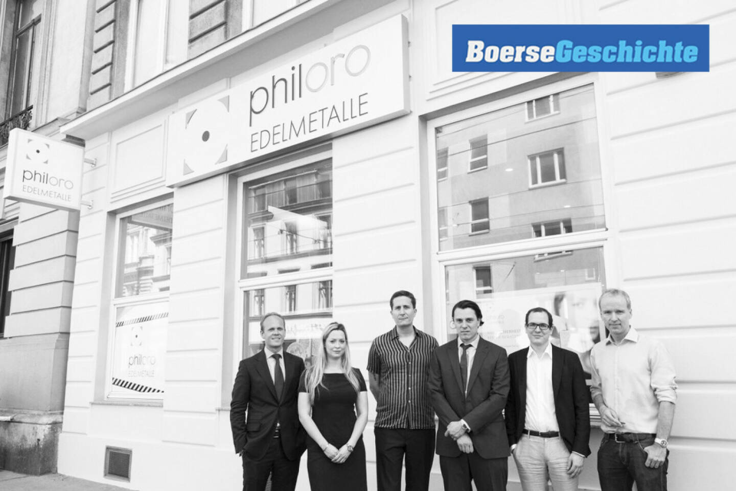 #boersegeschichte: 2013 zum Opening des philoro-Shops in Wien 9: Ronald Stöferle, Nina Krist, Robert Zikmund, Rudolf Brenner, Nikolaus Jilch und Christian Drastil