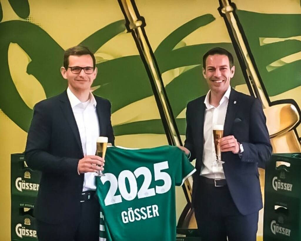 Der SK Rapid darf ab der kommenden Spielsaison mit Gösser einen neuen Sponsor begrüßen: Gösser übernimmt die Bier- und Premiumpartnerschaft - im Bild:  Klaus Schörghofer, Vorstandsvorsitzender der Brau Union Österreich, (l.) und Christoph Peschek, SK Rapid Geschäftsführer Wirtschaft; Credit: Brau Union, © Aussender (24.08.2020) 