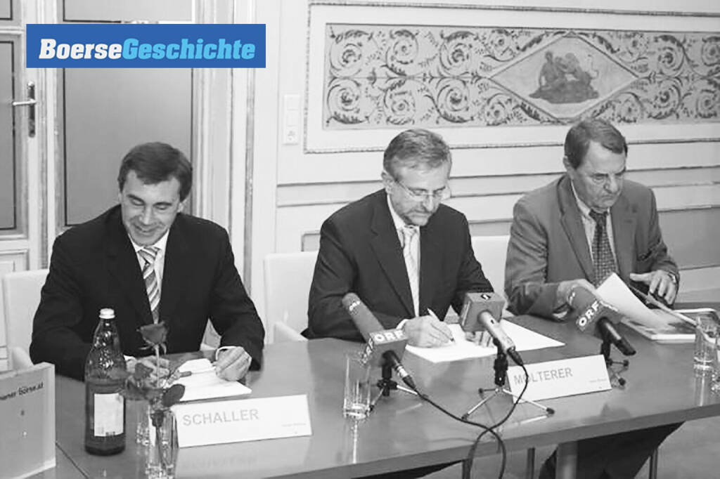 #boersegeschichte 2007: Börsechef Heinrich Schaller, Finanzminister Wilhelm Molterer und Kapitalmarktbeauftragter Richard Schenz schupfen am 9.7.2007 anlässlich des Intraday-Überspringens von ATX 5000 eine Pressekonferenz. Auf Schlusskursbasis ist sich diese Hürde nie ausgegangen (07.09.2020) 