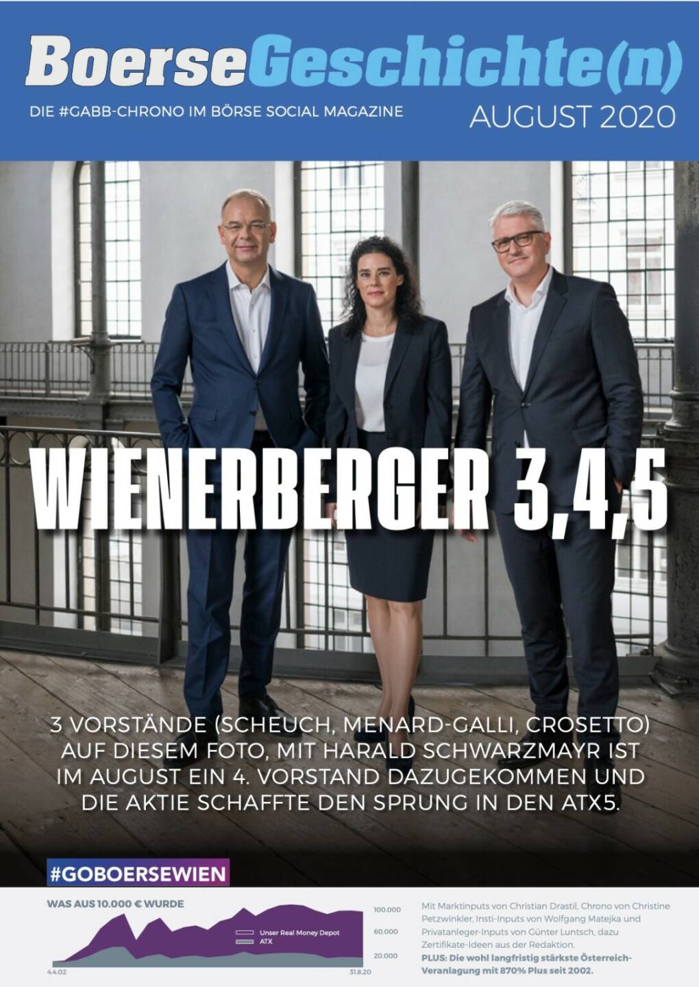 Börsegeschichte(n) August 2020 - Wienerberger 3,4,5 - 3 Vorstände (Scheuch, Menard-Galli, Crosetto) auf diesem Foto, mit Harald Schwarzmayr ist im August ein 4. Vorstand dazugekommen und die Aktie schaffte den Sprung in den ATX5.