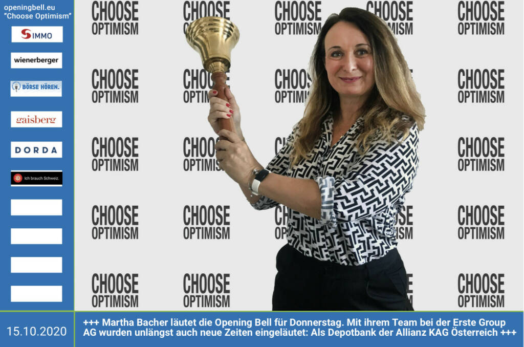 15.10.: Martha Bacher läutet die Opening Bell für Donnerstag. Mit ihrem Team bei der Erste Group AG wurden unlängst auch neue Zeiten eingeläutet: Als Depotbank der Allianz KAG Österreich http://www.erstegroup.at http://www.allianz.at Mehr Choose Optimism: https://boerse-social.com/category/choose_optimism https://www.facebook.com/chooseoptimism/   (15.10.2020)