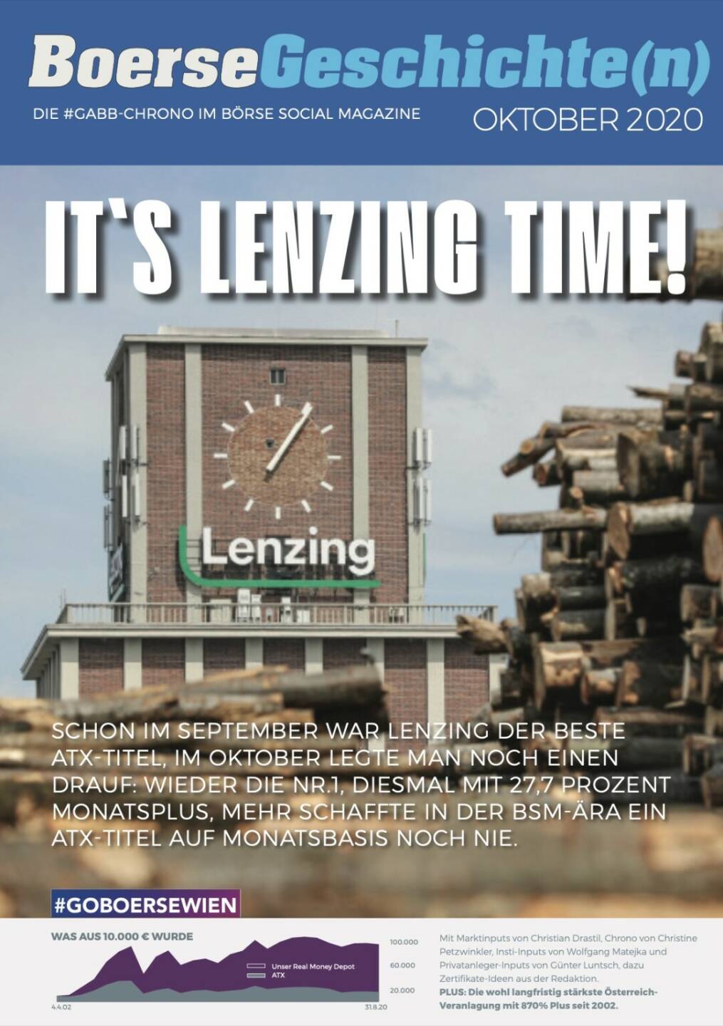 Börsegeschichte(n) Oktober 2020 - It's Lenzing Time! Schon im September war Lenzing der beste ATX-Titel, im Oktober legte man noch einen drauf: Wieder die Nr. 1, diesmal mit 27,7 Prozent Monatsplus, mehr schaffte in der BSM-Ära ein ATX-Titel auf Monatsbasis noch nie.