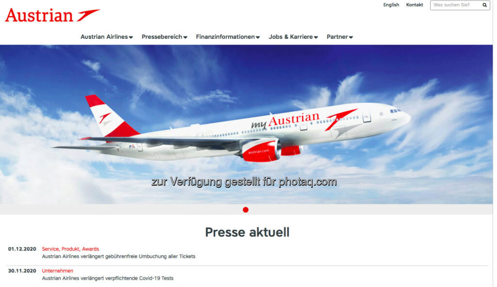 Austrian Airlines (Bild: Screenshot Homepage Austrian Airlines Dezember 2020) (05.12.2020) 