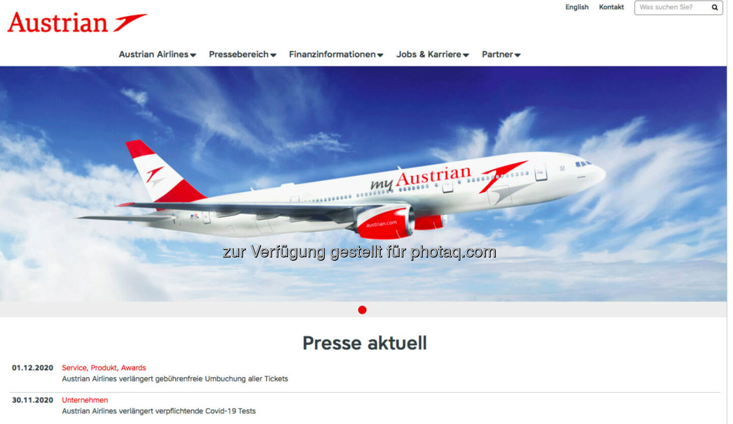 Austrian Airlines (Bild: Screenshot Homepage Austrian Airlines Dezember 2020)