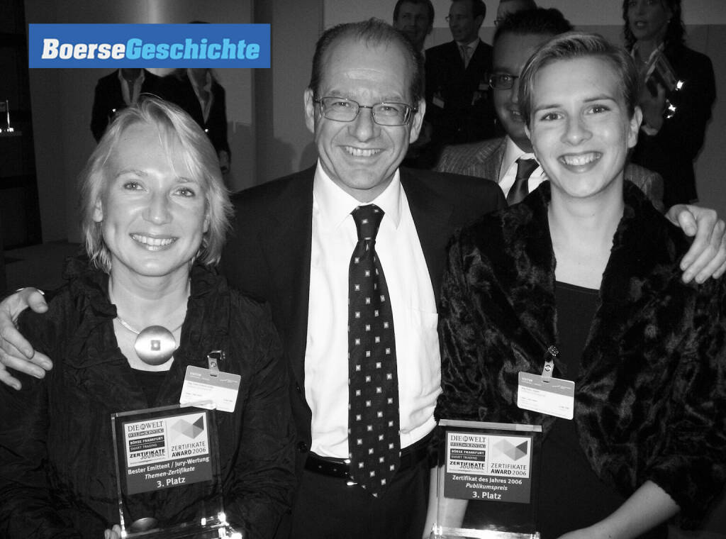 #boersegeschichte 2006: Heike Arbter, Michael Spiss und Katrin Gögele-Celeda (RCB) in der Frühphase der Zertifikate Awards. Das Team sollte künftig Jahr für Jahr abräumen (04.01.2021) 