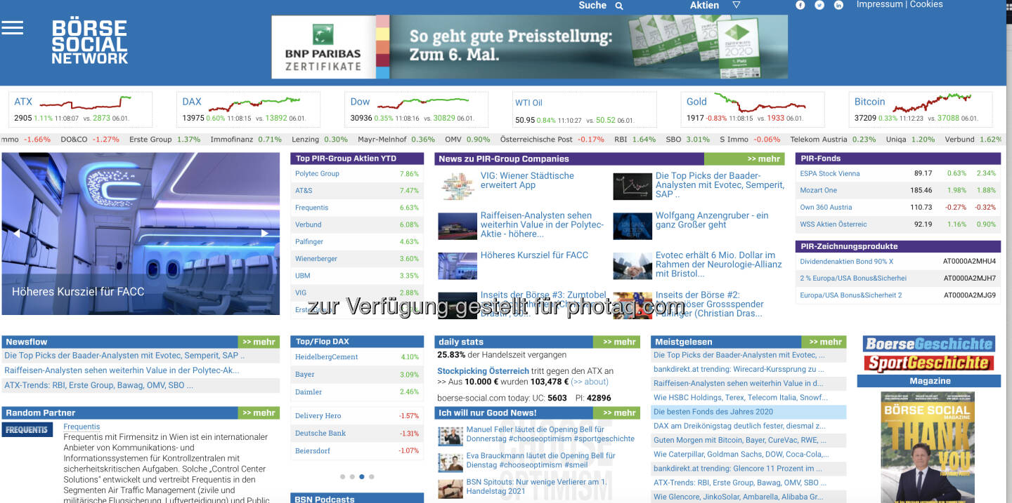 Die neue Ansicht der Homepage http://www.boerse-social.com mit der PIR Group im obersten Teil