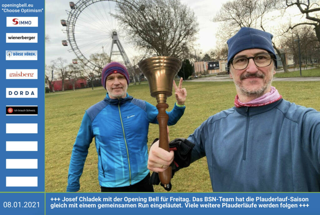 8.1.: Josef Chladek mit der Opening Bell für Freitag. Das BSN-Team hat die Plauderlauf-Saison gleich mit einem gemeinsamen Run eingeläutet. Viele weitere Plauderläufe werden folgen http://www.sportgeschichte.at (08.01.2021) 