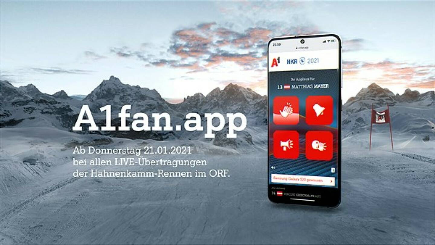 Mit der A1fan.app können die Fans und Zuschauer*innen in diesem Jahr von zuhause ihre virtuellen Jubelgesänge bei den Hahnenkamm-Rennen direkt nach Kitzbühel und ins TV-Signal des ORF bringen. Credit: A1 Telekom Austria