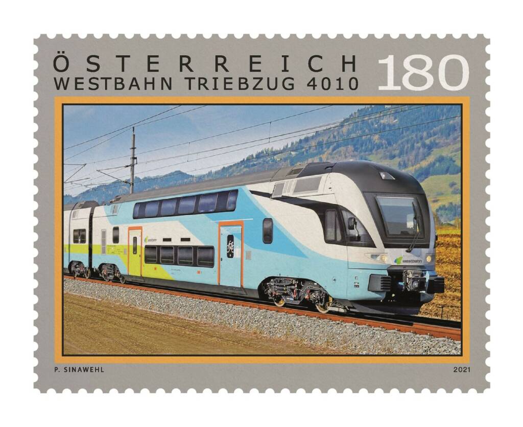 Seit Dezember 2011 ist die WESTbahn zwischen Wien und Salzburg auf der Schiene unterwegs. Zum heuer bevorstehenden zehnjährigen Jubiläum gratuliert die Österreichische Post dem Unternehmen mit den blau-weiß-grünen Zügen mit einer eigenen Sondermarke. Credit: Österreichische Post, © Aussender (10.02.2021) 