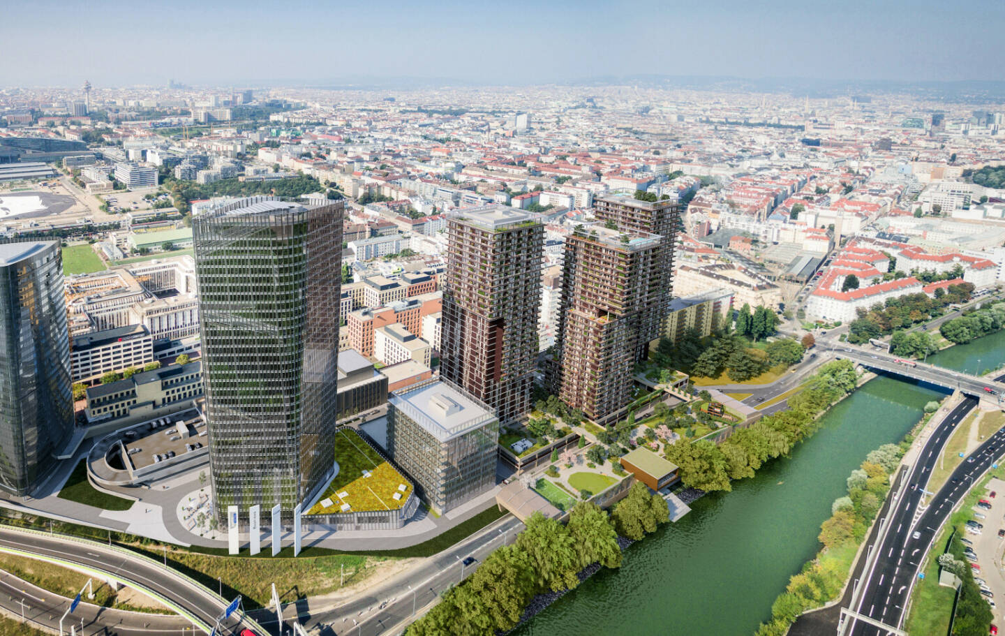 Die Kommunalkredit Austria AG (Kommunalkredit) finanziert das Vorzeigeprojekt der SEM Anlagen GmbH am Wiener Donaukanal. Die Energiezentrale kommt bei den Projekten TrIIIple und Austro Tower zur ökologischen Versorgung mit Wärme und Kälte für fünf Hochhäuser in Erdberg zum Einsatz. Besonders innovativ an diesem Projekt: Für das Heiz- bzw. Kühlsystem wird aus dem Donaukanal sowie fünf Grundwasserbrunnen gewonnenes Wasser verwendet; Fotocredit:ZOOMVP