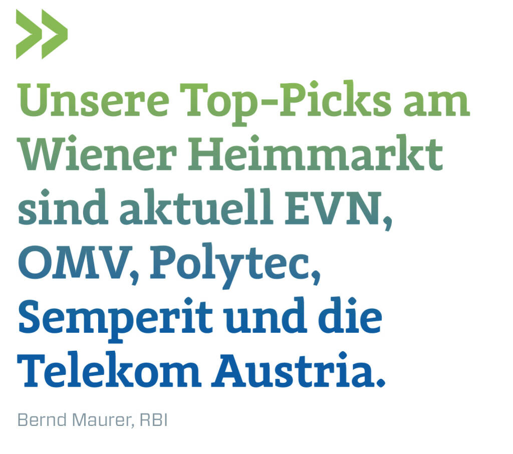 Unsere Top-Picks am Wiener Heimmarkt sind aktuell EVN, OMV, Polytec, Semperit und die Telekom Austria. 
Bernd Maurer, RBI (22.02.2021) 