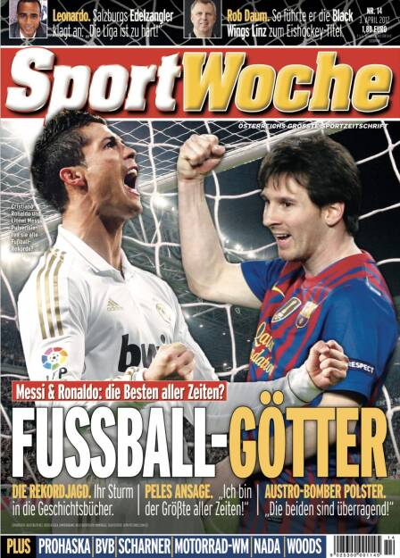 Sportwoche Nr 14, 3. April 2012: #sportgeschichte am #03042012 @cristiano und @leomessi am Cover der #sportwoche , Statements von #pele und @doppelpacktoni . Weiters: #robdaum @schneckerlprohaska  @paulscharner @tigerwoods Mehr unter http://www.sportgeschichte.at https://www.instagram.com/sportgeschichte.at/ (29.03.2021) 