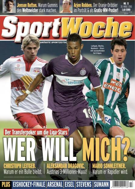 Sportwoche Nr 13, 30. März 2010: #sportgeschichte am #30032010 #christophleitgeb @_redbull_salzburg @rubinokotie @fkaustriawien @borko.alex @skrapid1899 auf dem Cover der #sportwoche . Dazu @jensonbutton @arjenrobben @f1 Bitte abonnieren und weitersagen @sportgeschichte.at Mehr unter http://www.sportgeschichte.at https://www.instagram.com/sportgeschichte.at/ (29.03.2021) 