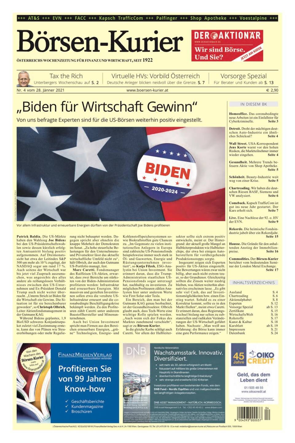 Biden ist gut für die Wirtschaft, und der Börsen-Kurier gut für Ihre Brieftasche!   Ab sofort ist die aktuelle Ausgabe erhältlich.