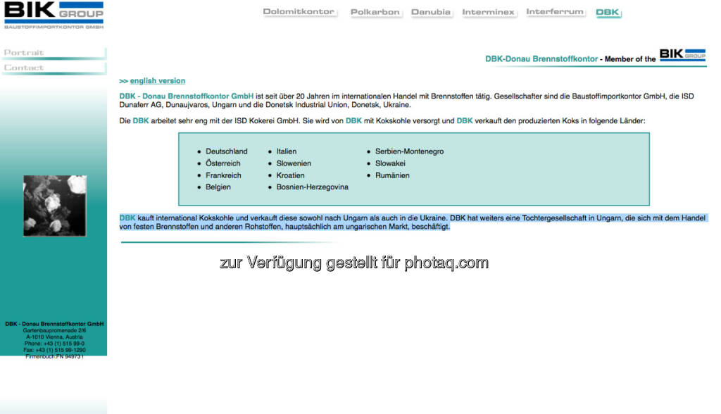DBK - Donau Brennstoffkontor GmbH (Bild: Screenshot Homepage DBK Mai 2021) (02.05.2021) 