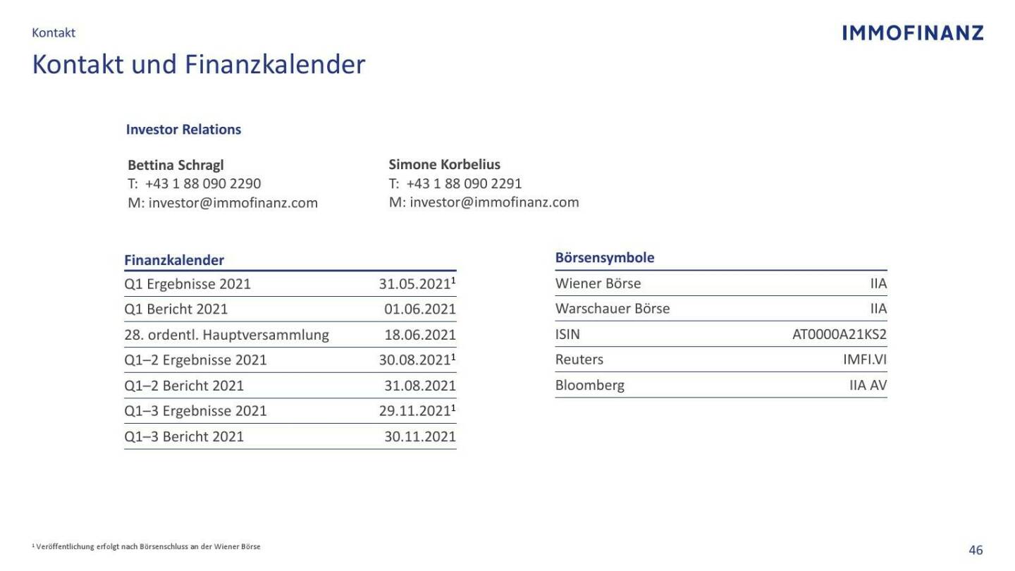 Immofinanz - Kontakt und Finanzkalender