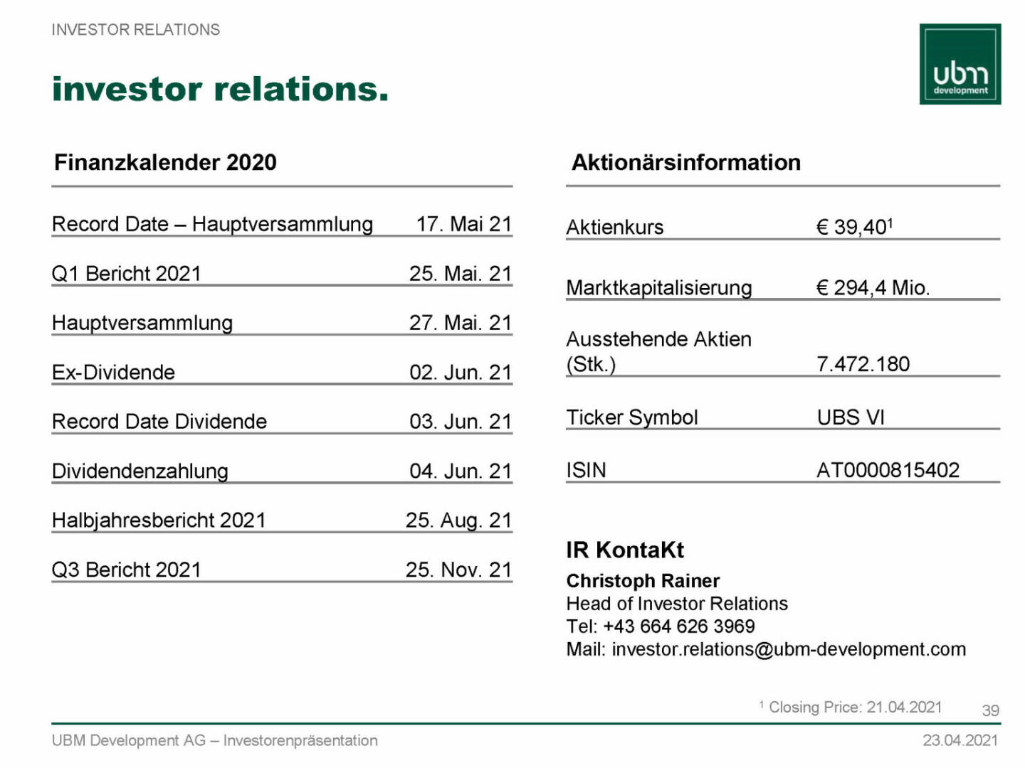 UBM - Investor relations 