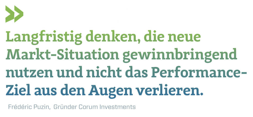 Langfristig denken, die neue Markt-Situation gewinnbringend nutzen und nicht das Performance-Ziel aus den Augen verlieren.
Frédéric Puzin,  Gründer Corum Investments (15.05.2021) 